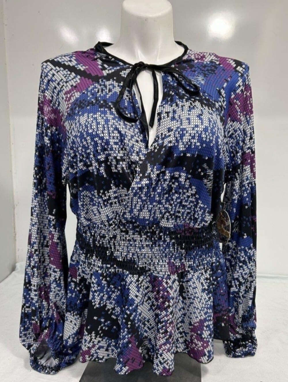 NWT Y2K Apple Bottoms Cosmo Blue/ Purple Printed Long Sleeve Peplum Blouse Sz 2X